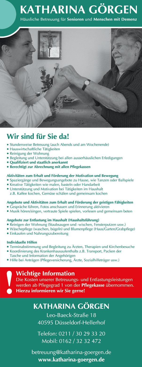 Katharina Grgen - Husliche Betreuung von Senioren und Menschen mit Demenz - 40595 Dsseldorf - Tel. 0211 / 30 29 33 20
